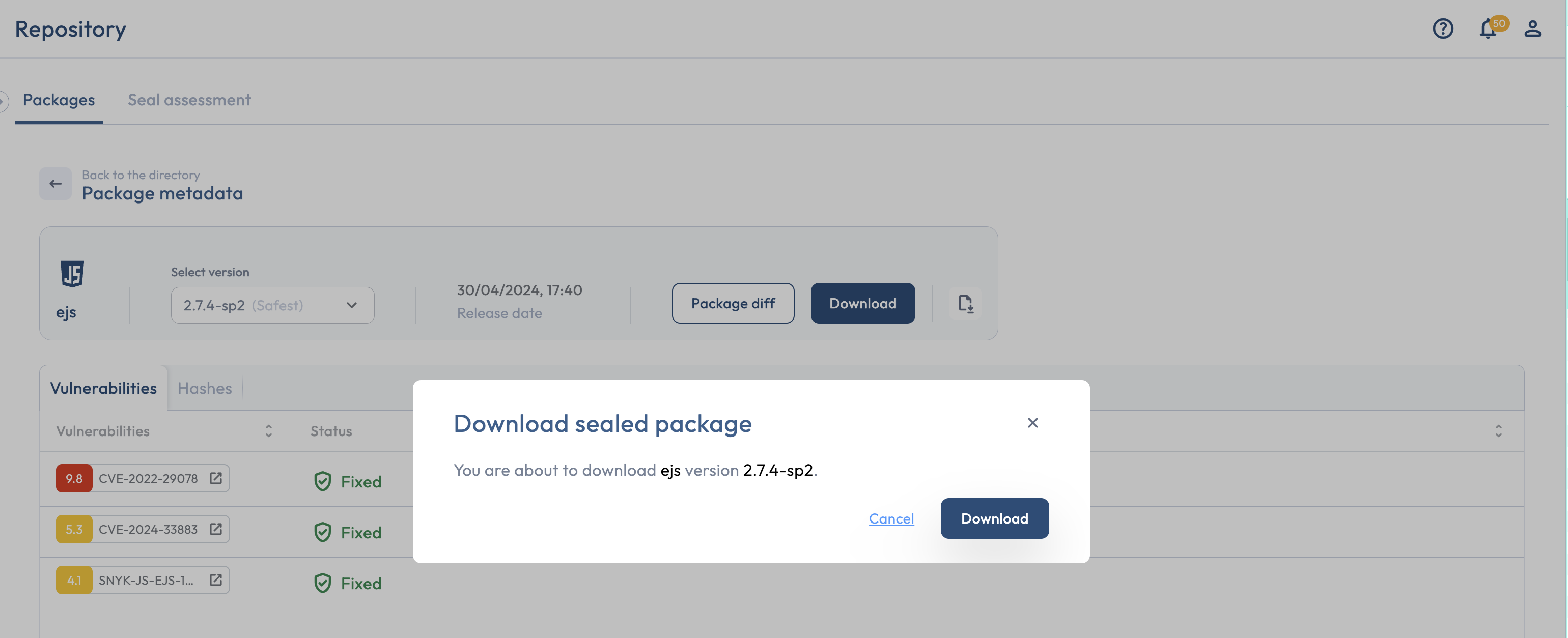 The Download dialog on a sealed package's detail page on the Repository page