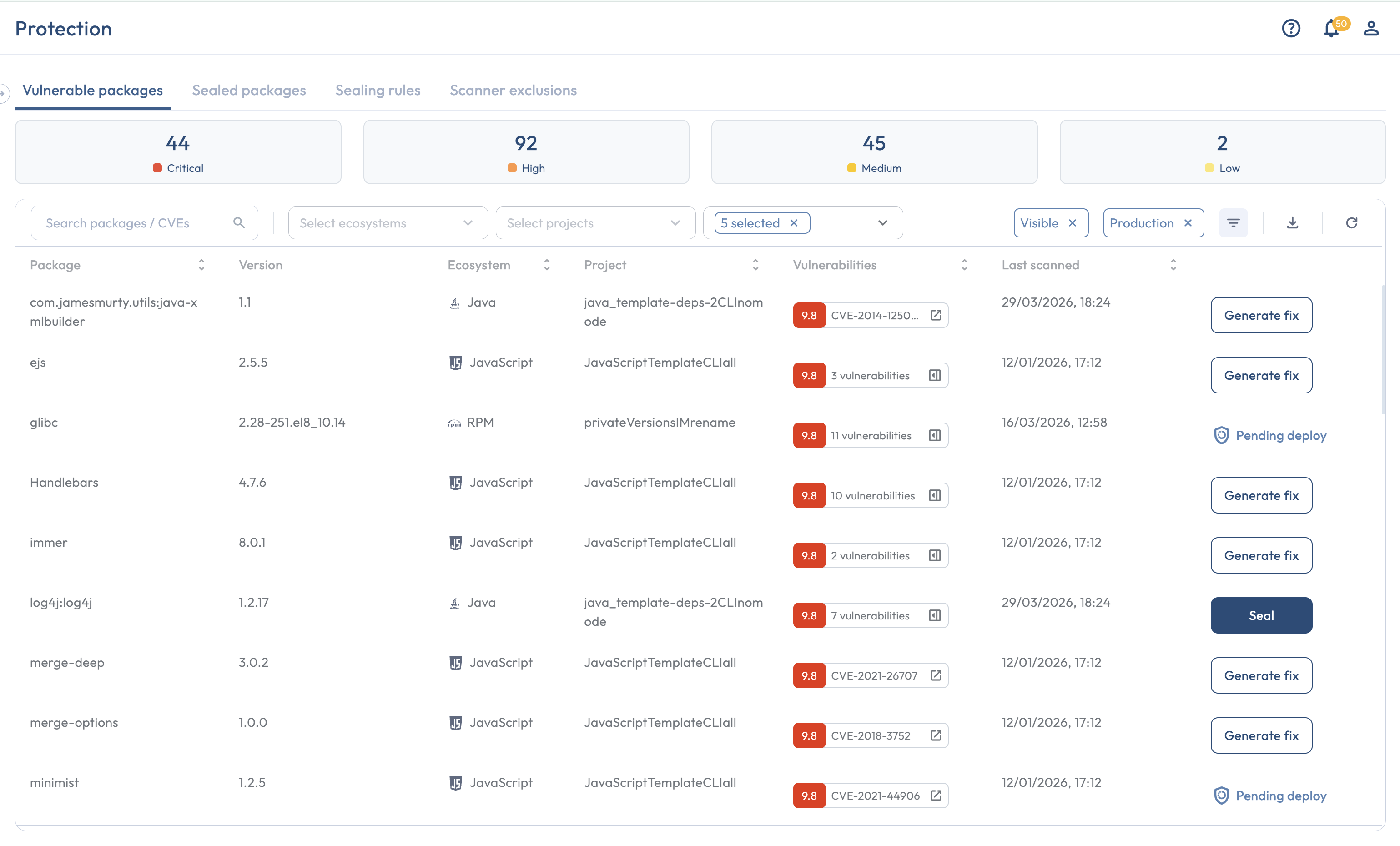 The Vulnerable packages tab with rows showing varied state badges and severity chips