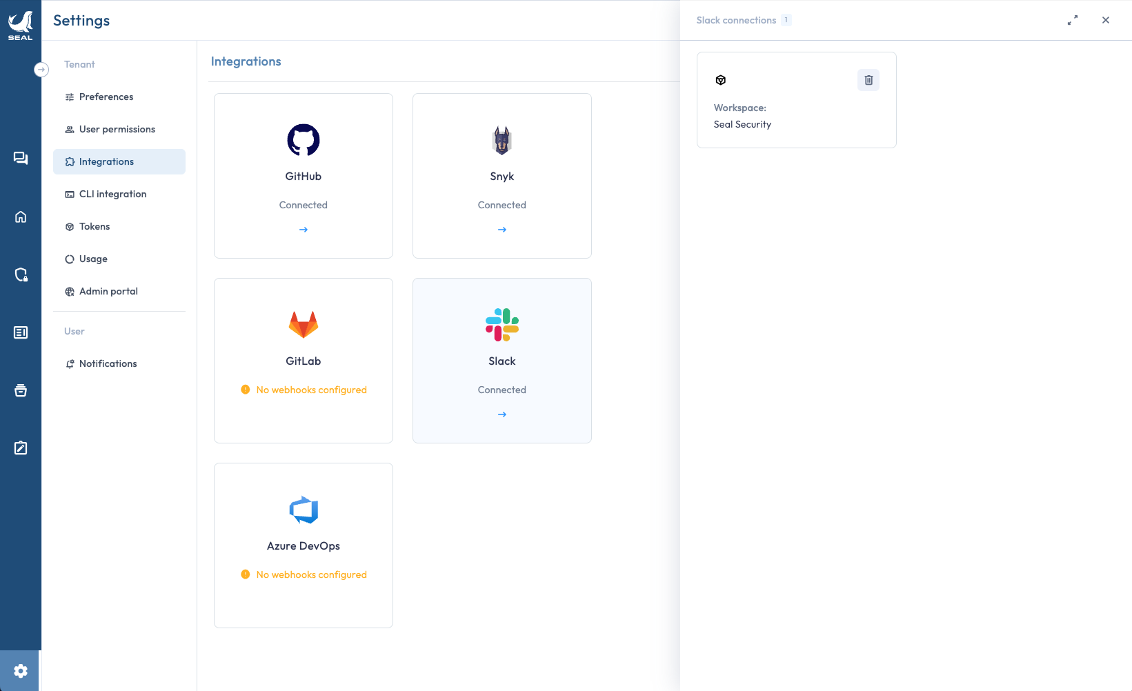 Seal Integrations page after Slack is connected, with a side drawer showing the connected workspace