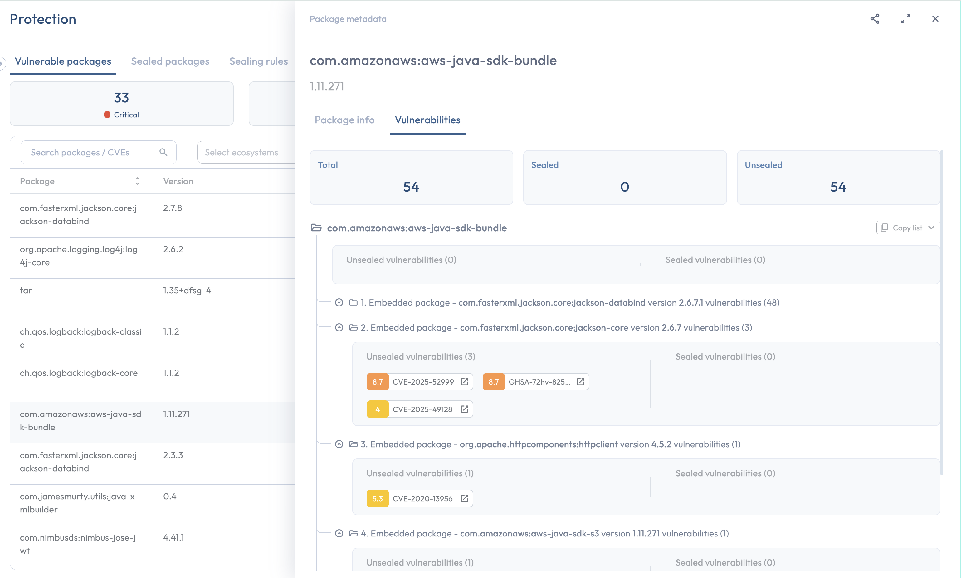 The Protection page drawer expanded on a package, on the Vulnerabilities tab