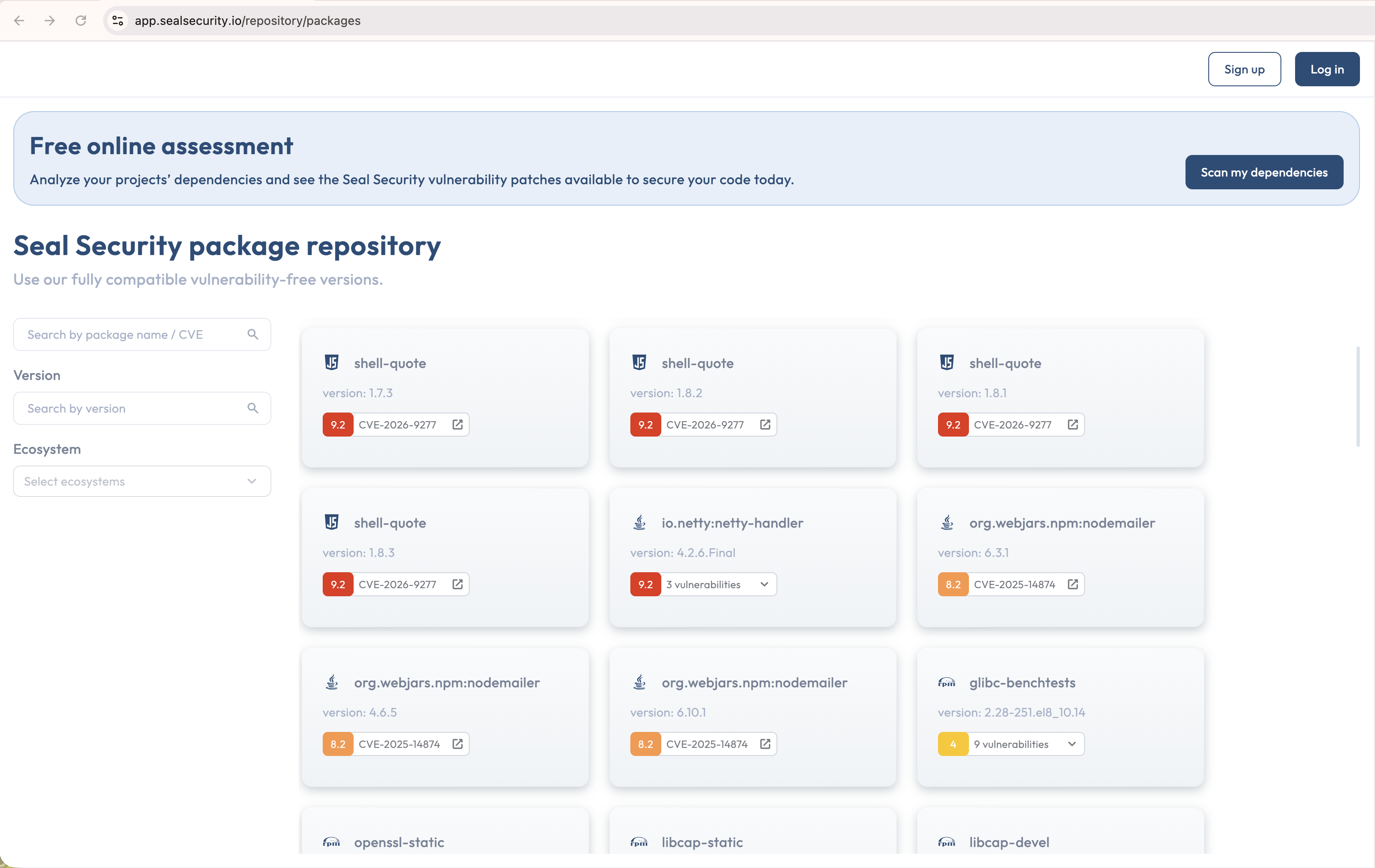 The public sealed packages catalog grid with the filter sidebar