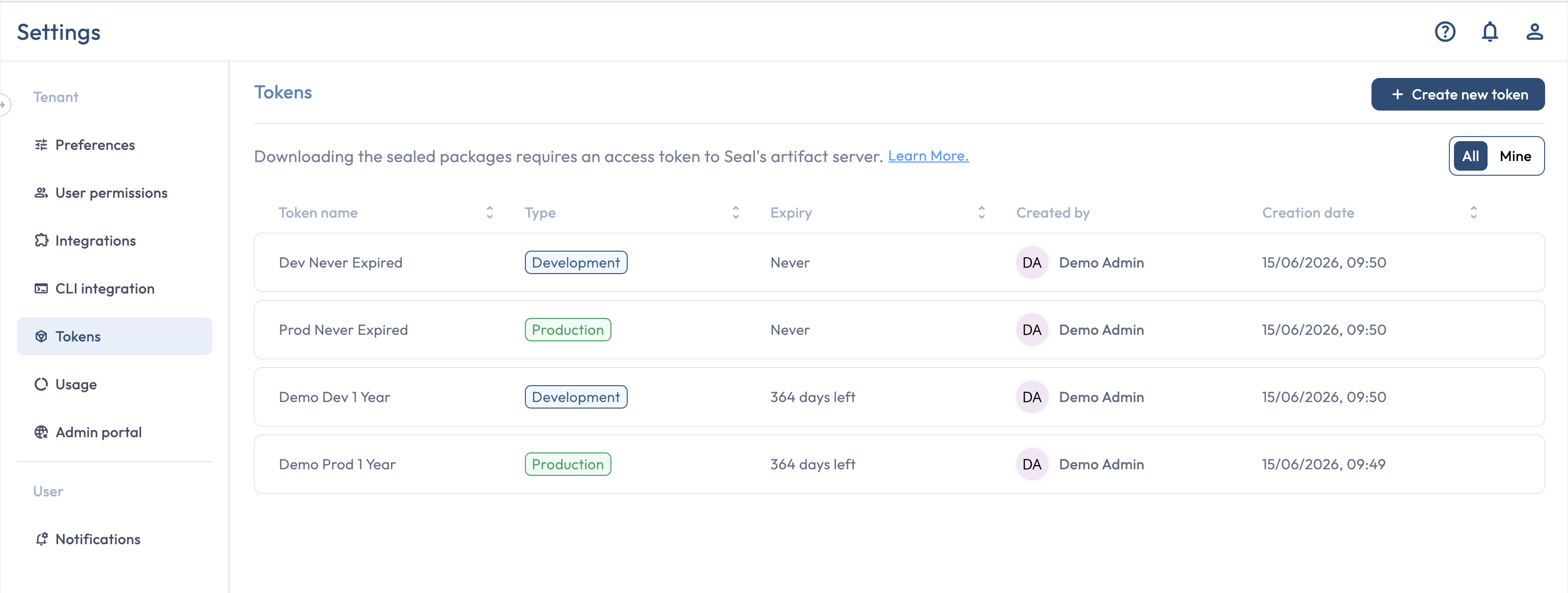 The Settings Tokens page showing a table of production and development tokens