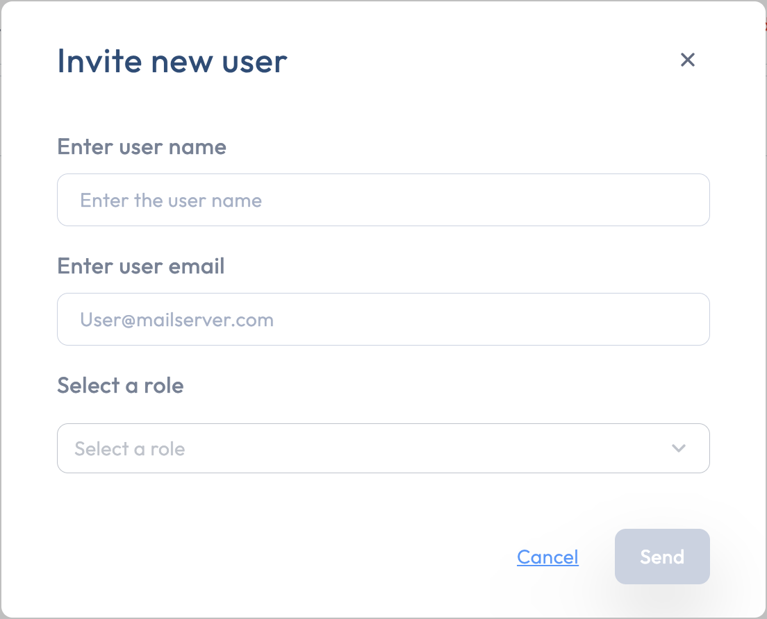 The Invite user modal with Name, Email, and Role fields