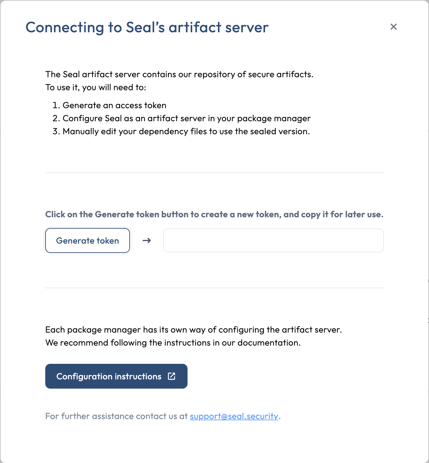 The Connect to artifact server instructions modal, showing the three numbered setup steps