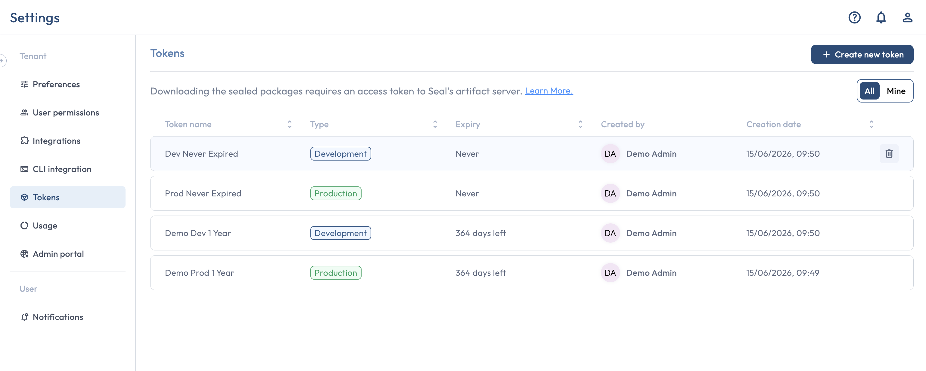 The Settings > Tokens tab with token rows and the New token button visible.