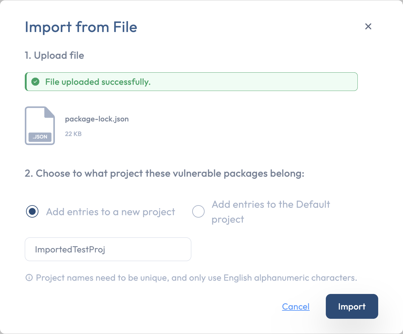 The Import from file modal with a selected file and the destination radio options