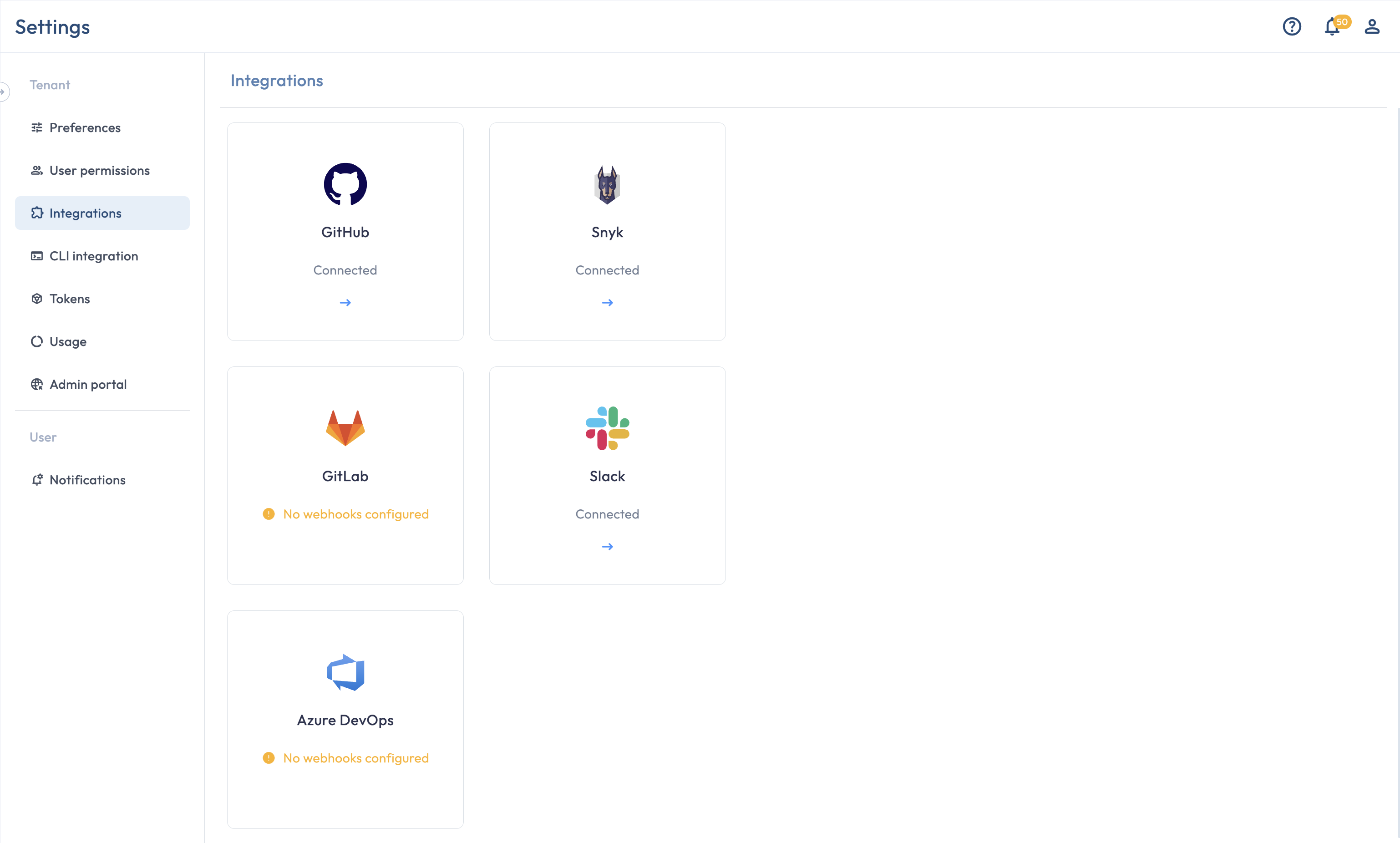 The Settings Integrations page showing GitHub, GitLab, Azure DevOps, and Snyk cards