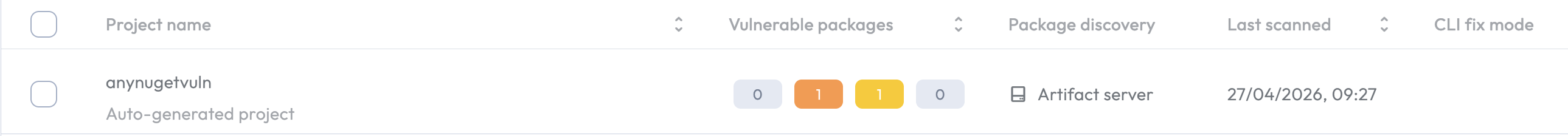 A Projects page row showing the Artifact server discovery mode badge