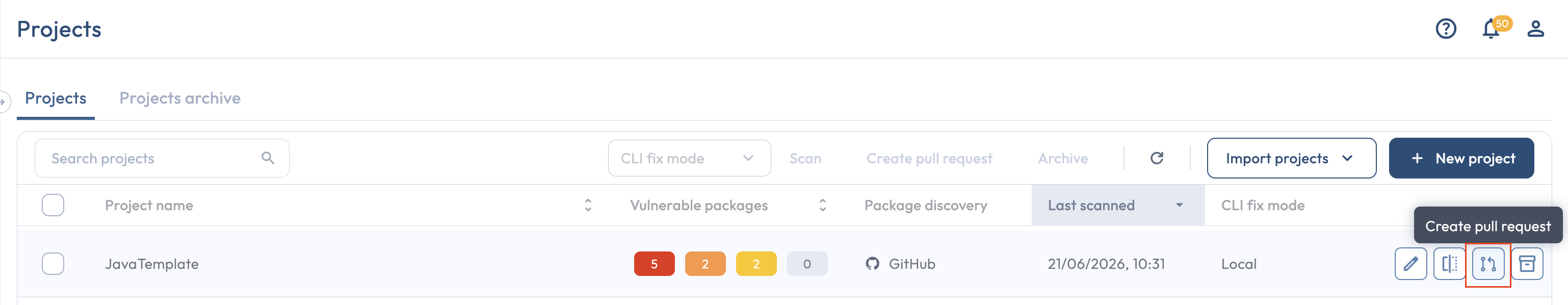 Projects page row with the PR button highlighted