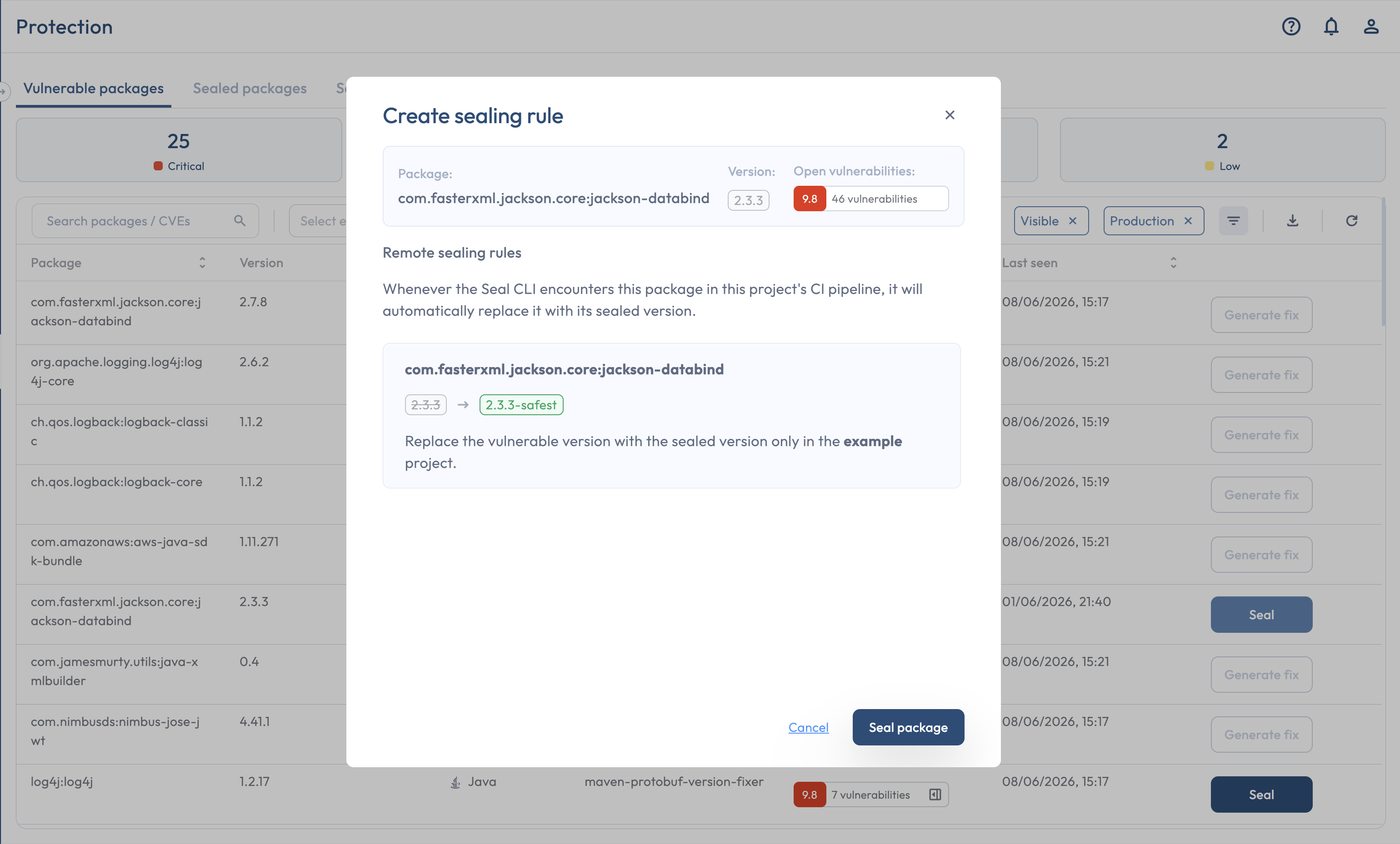 The Sealing instructions modal opened from a row's Seal button, showing a project-scoped rule