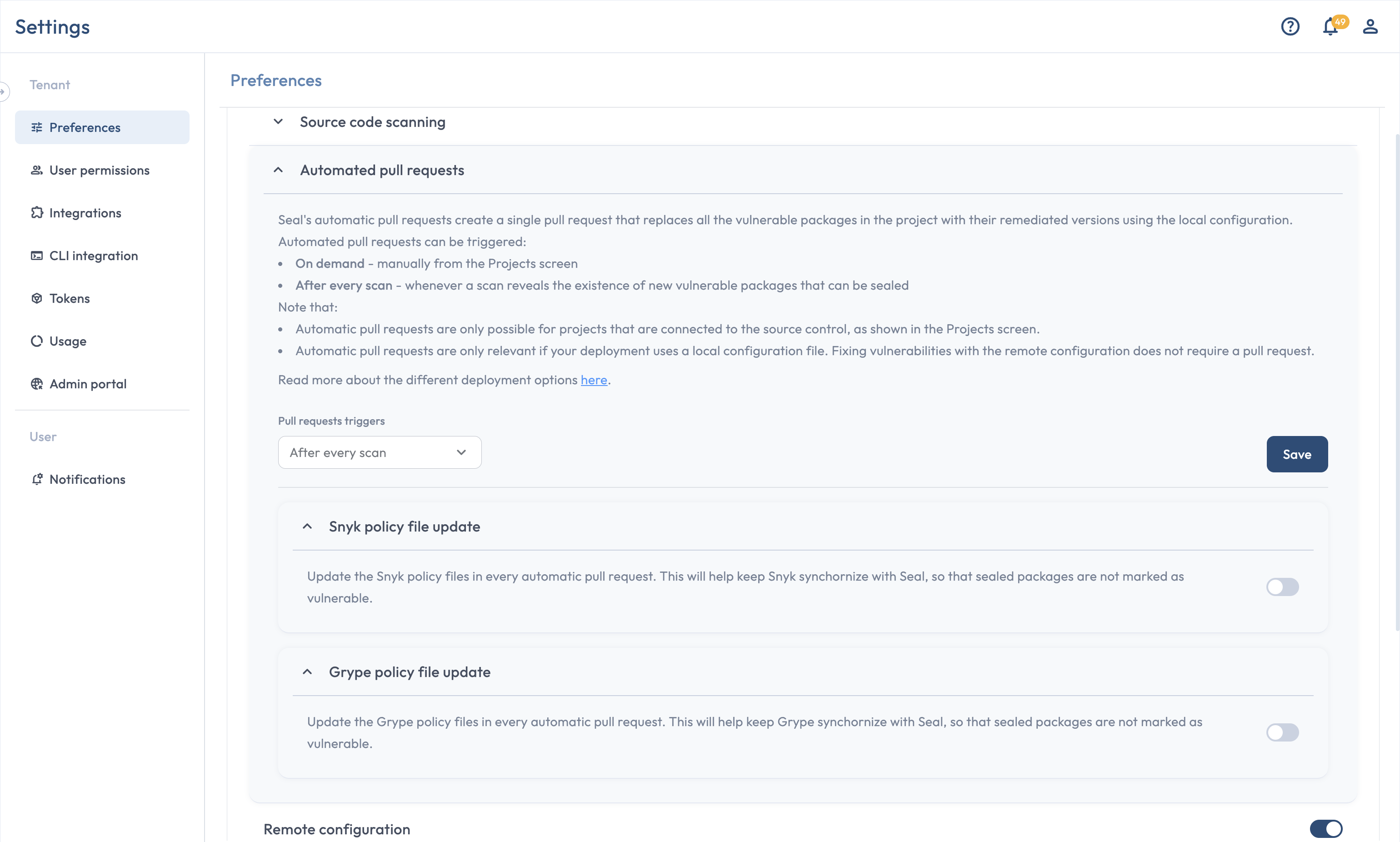 Settings > Preferences with the Snyk and Grype policy-file update toggles