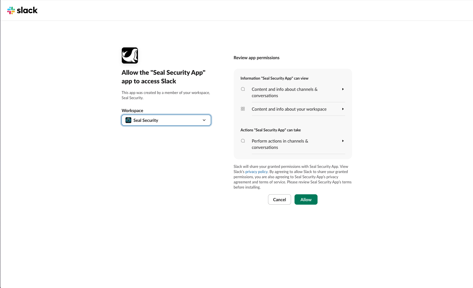 Slack OAuth consent screen for the Seal Security App, listing requested permissions