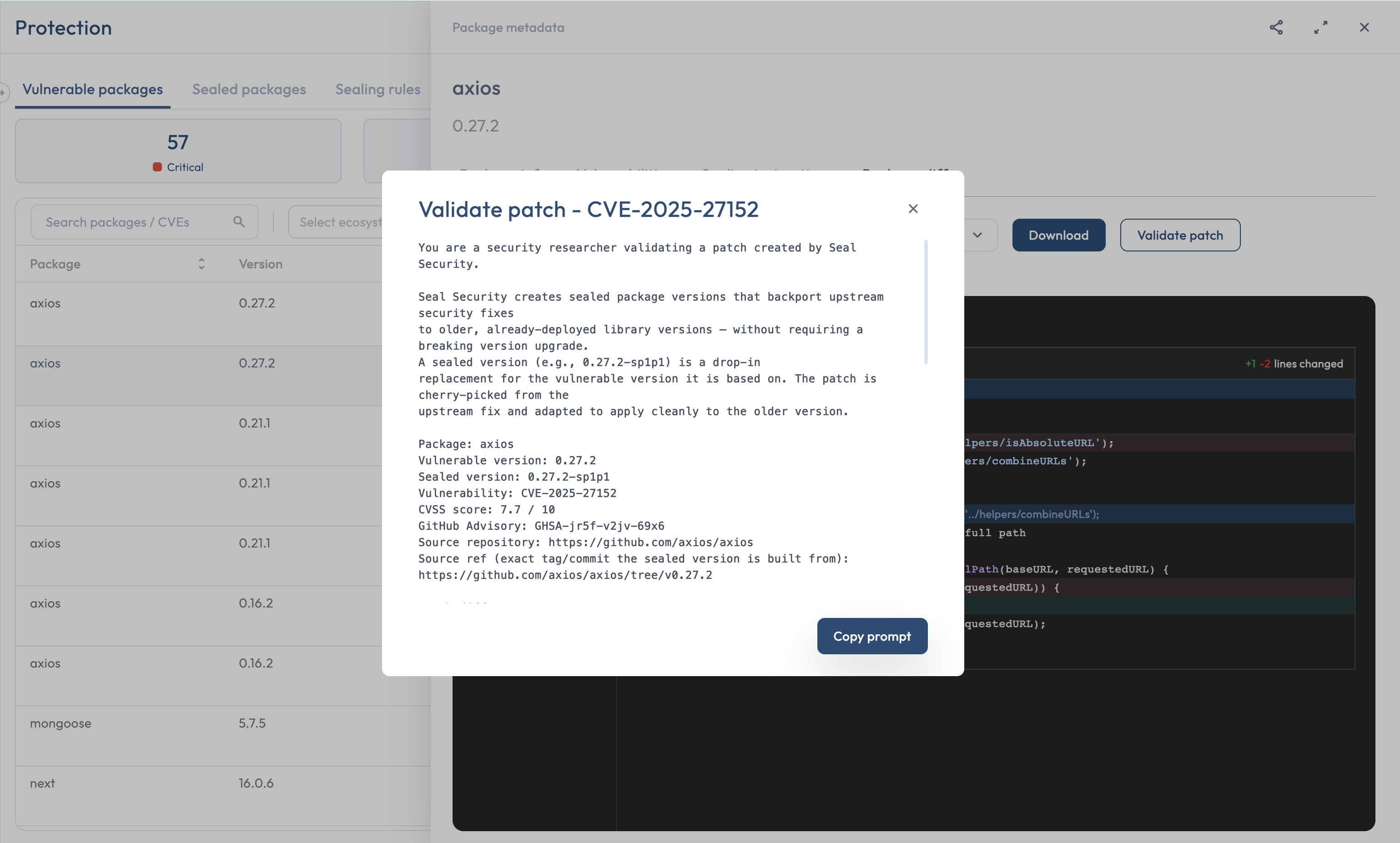 Protection page Package Diff tab with the patch validation prompt panel open