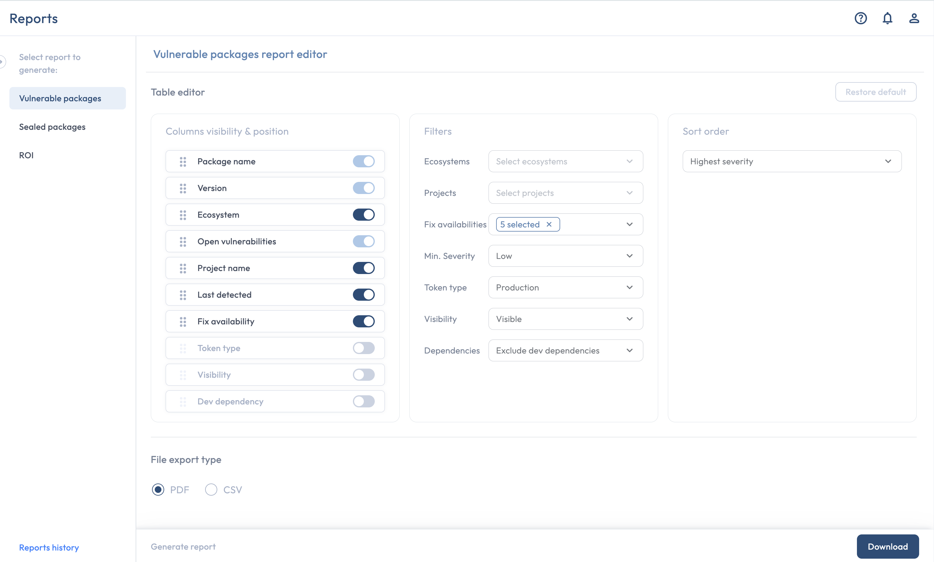 The Reports Manager table editor for the Vulnerable packages report, showing columns, filters, format selector, and Generate report button.
