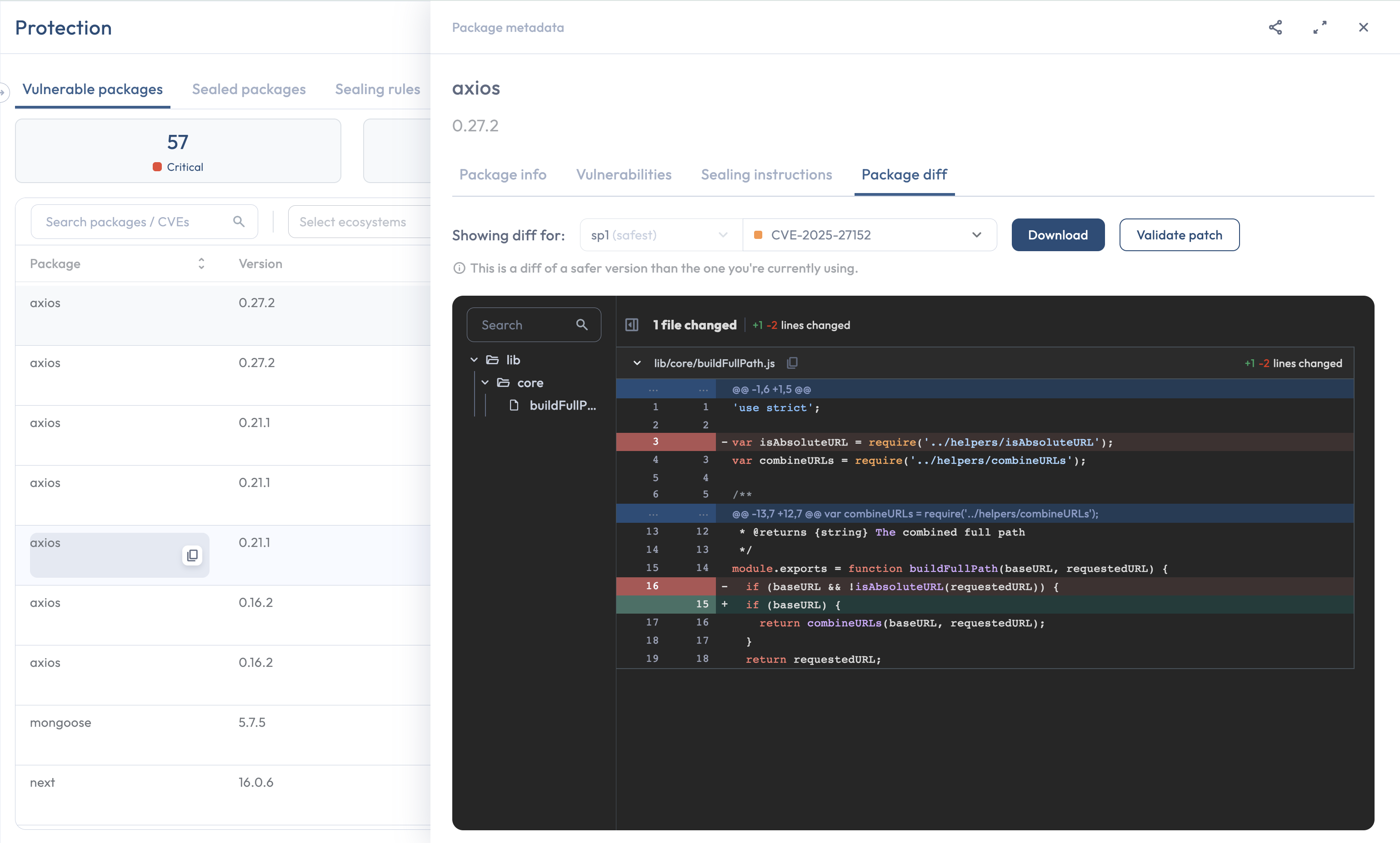 Protection page row drawer with the Package Diff tab selected showing a code diff