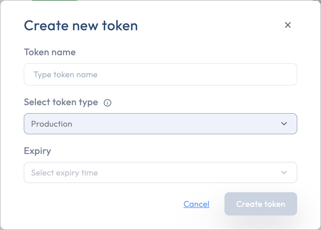The Create token modal with Token name, Token type, and Expiry fields