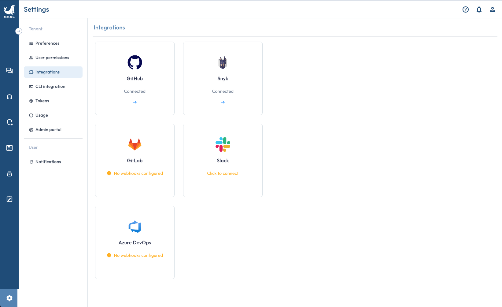 Settings → Integrations page in Seal showing the Slack card with 'Click to connect'