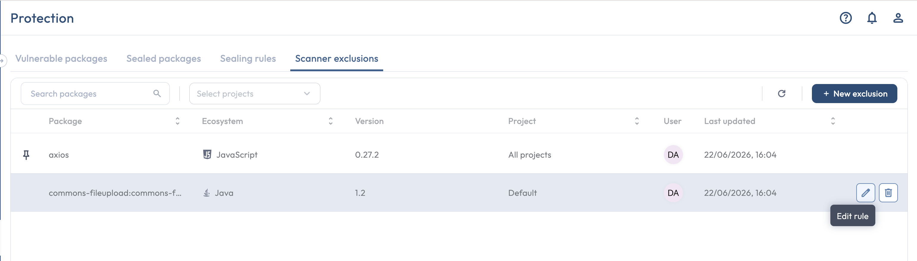 Scanner exclusions tab populated with several exclusion rows
