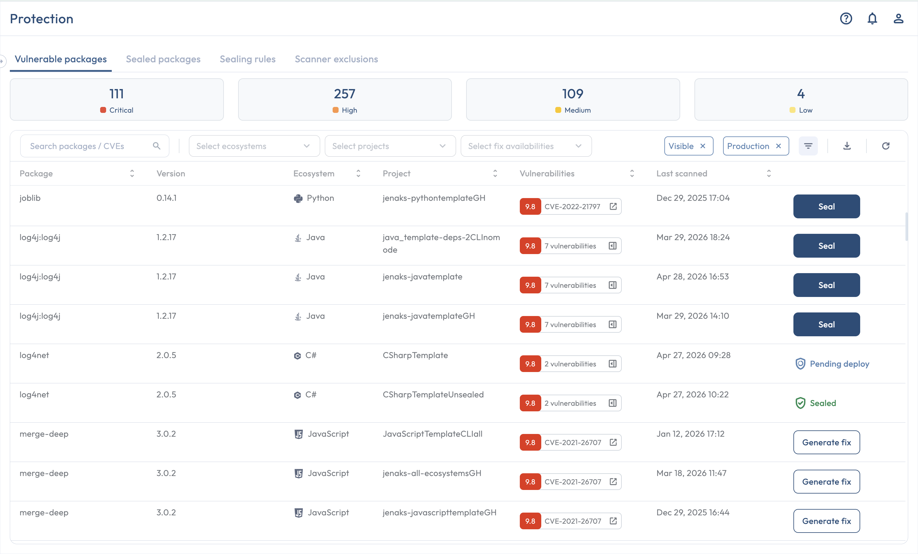 The Protection page Vulnerable packages tab showing a mix of package states