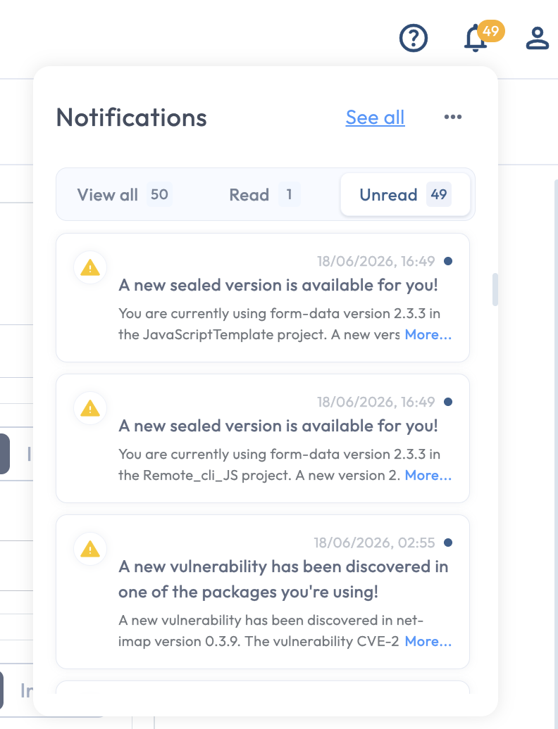 Notification Center bell icon with its popover open showing recent notifications
