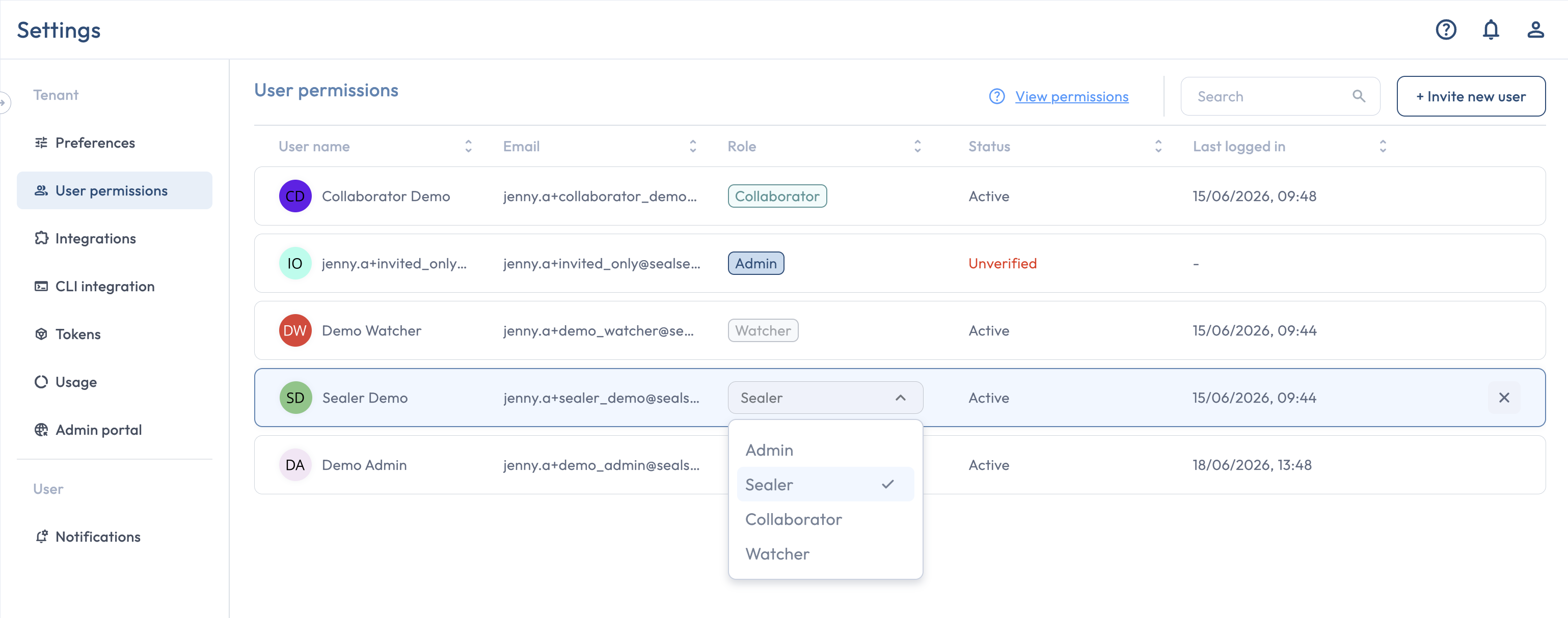 The User permissions page with a role dropdown open on one row