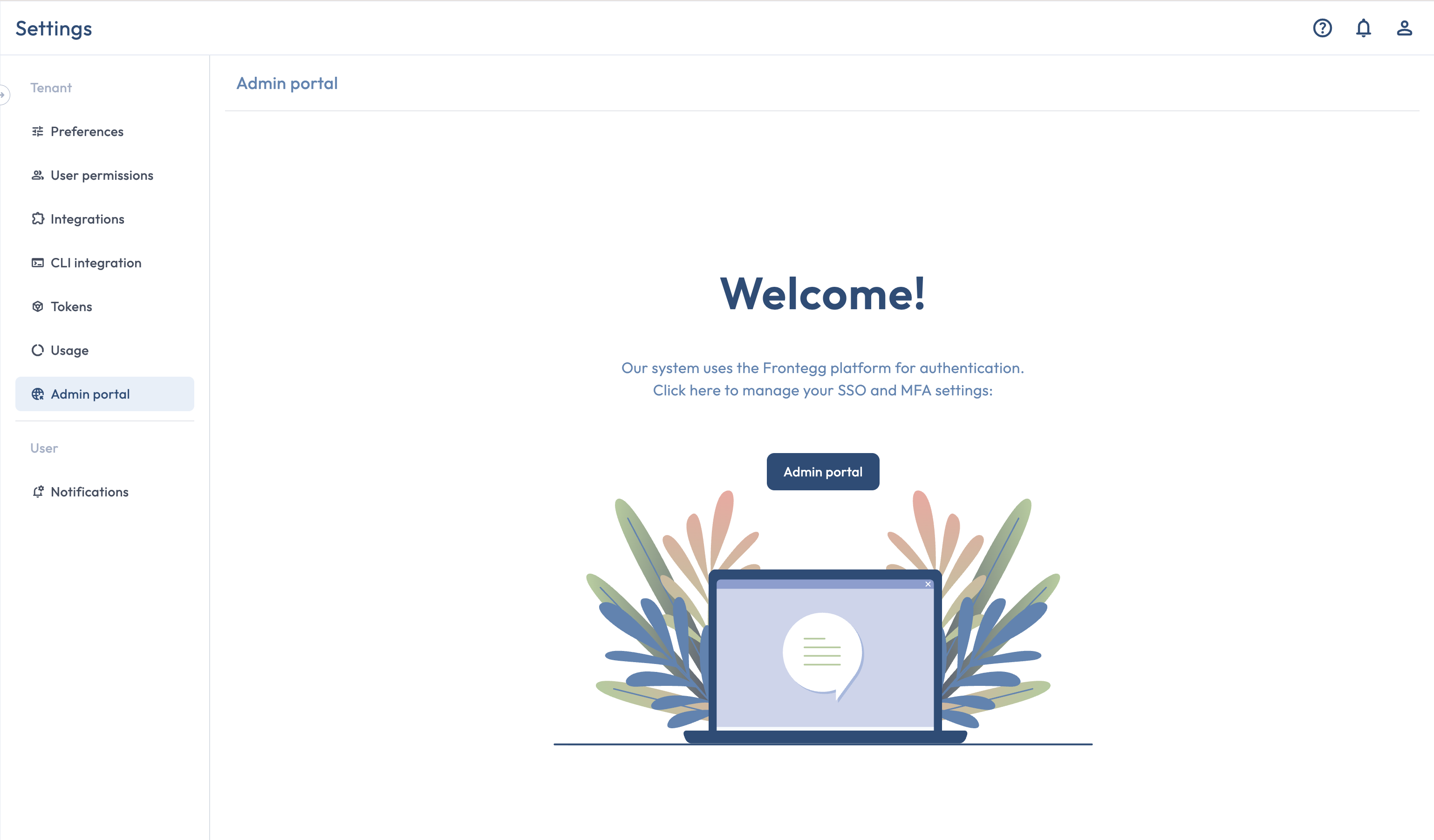 The Settings Admin portal page with the launch button