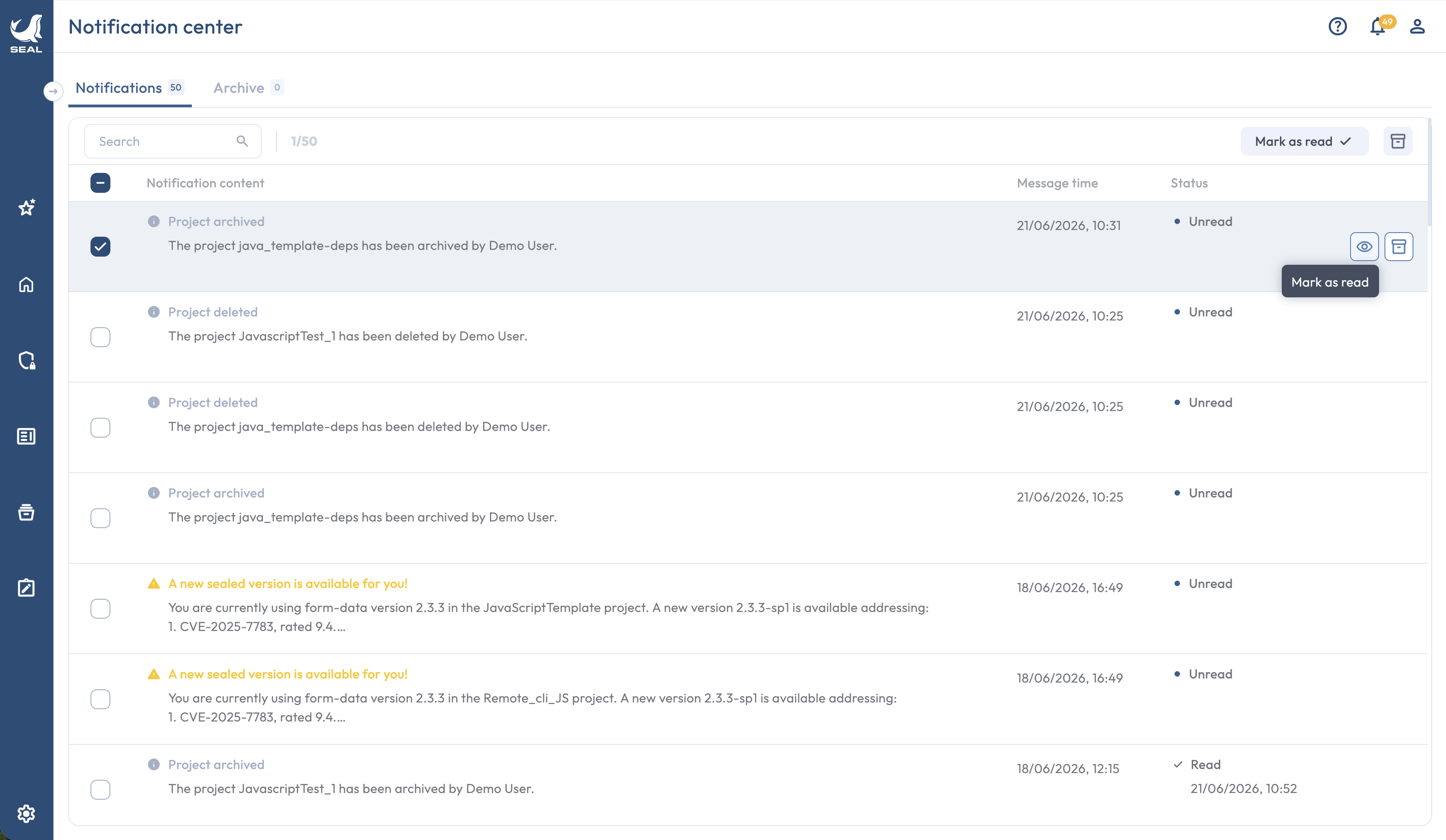Full Notifications page with a per-row action menu open and the archive view toggle visible