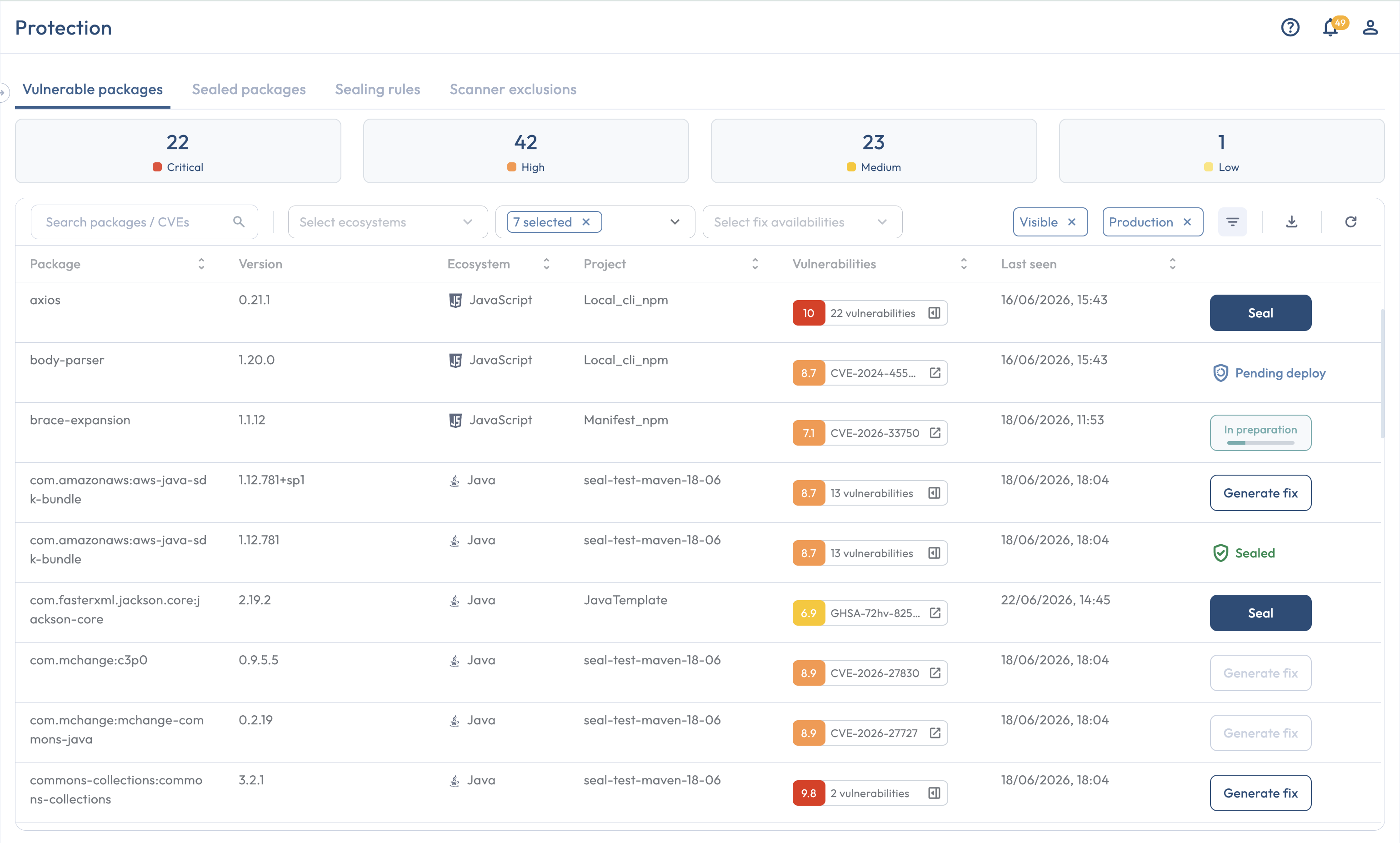 Vulnerable packages tab rows showing the six package state badges