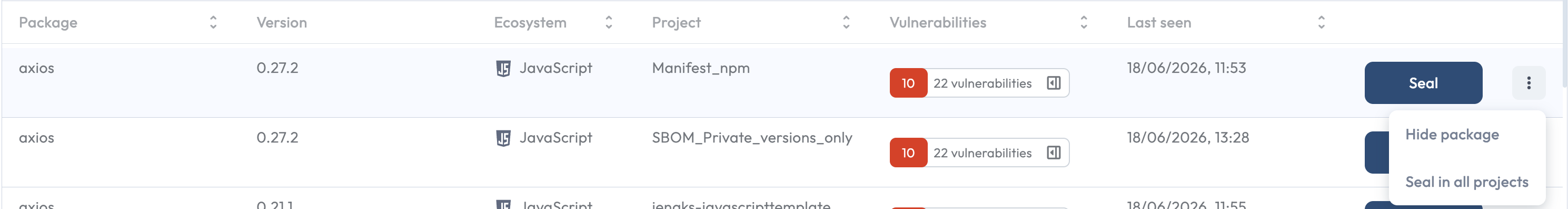 A row with the per-row action menu open