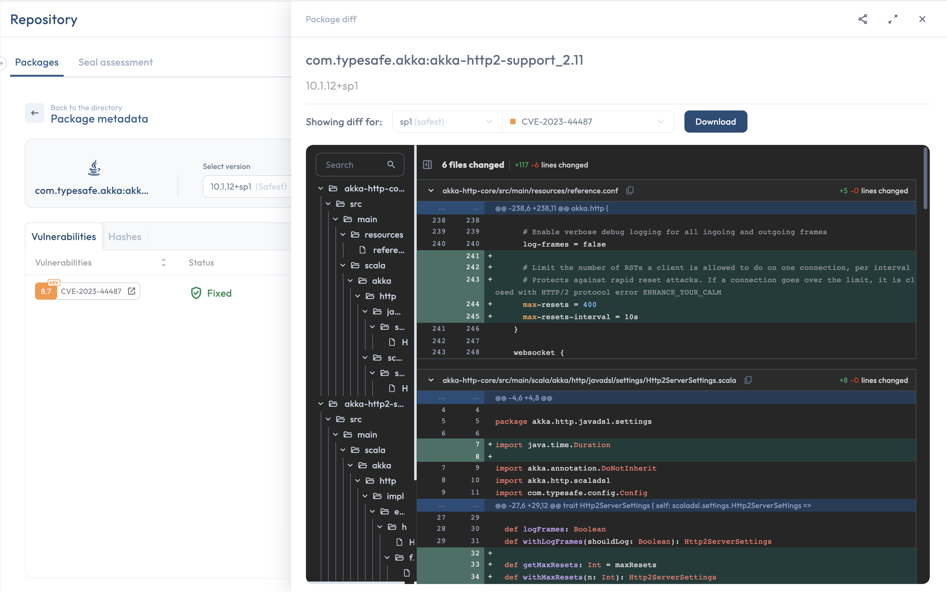 A per-package detail page with the code-diff side drawer and Share button