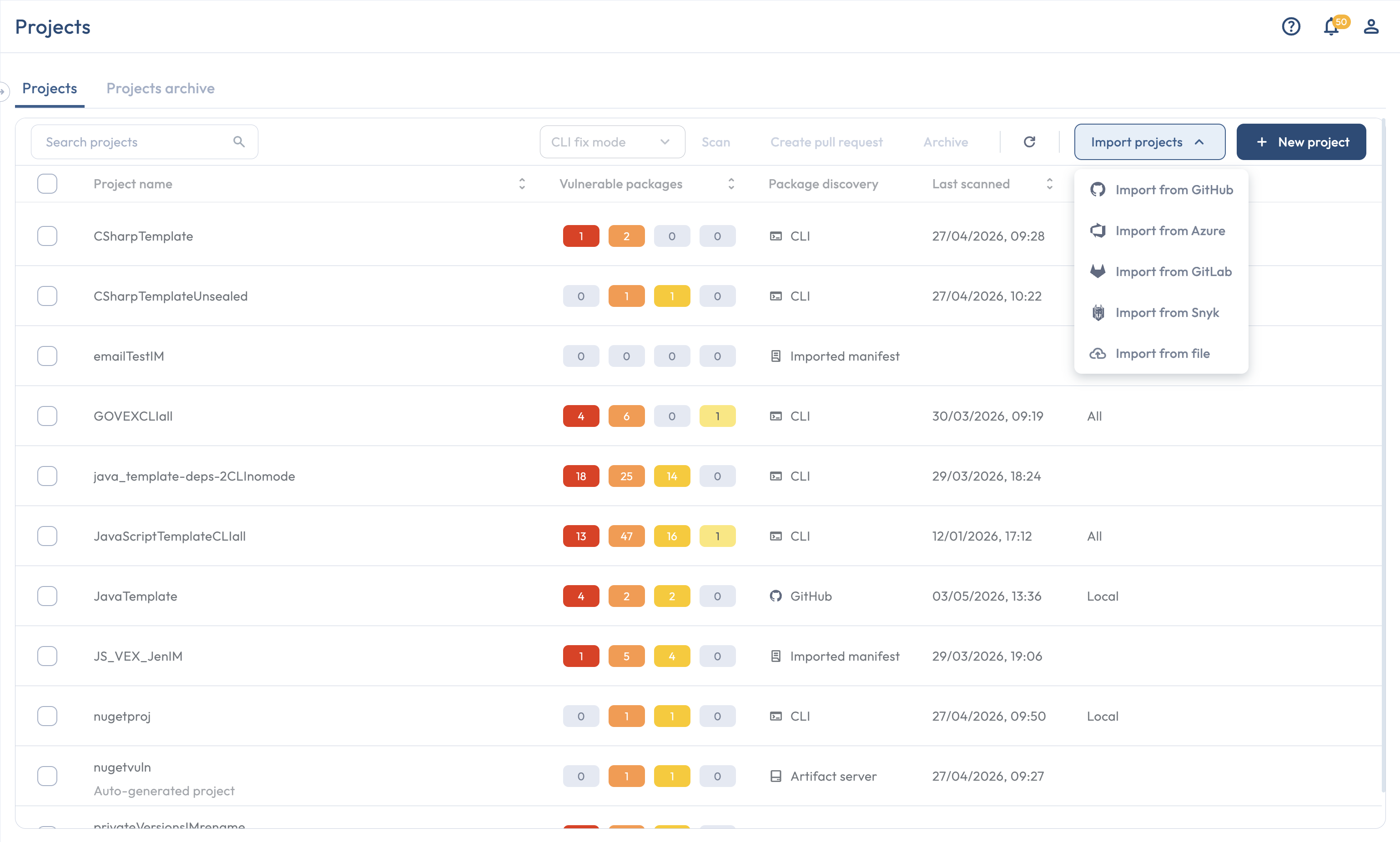 The Projects page Import projects dropdown showing GitHub, GitLab, Azure DevOps, Snyk, and Import from file