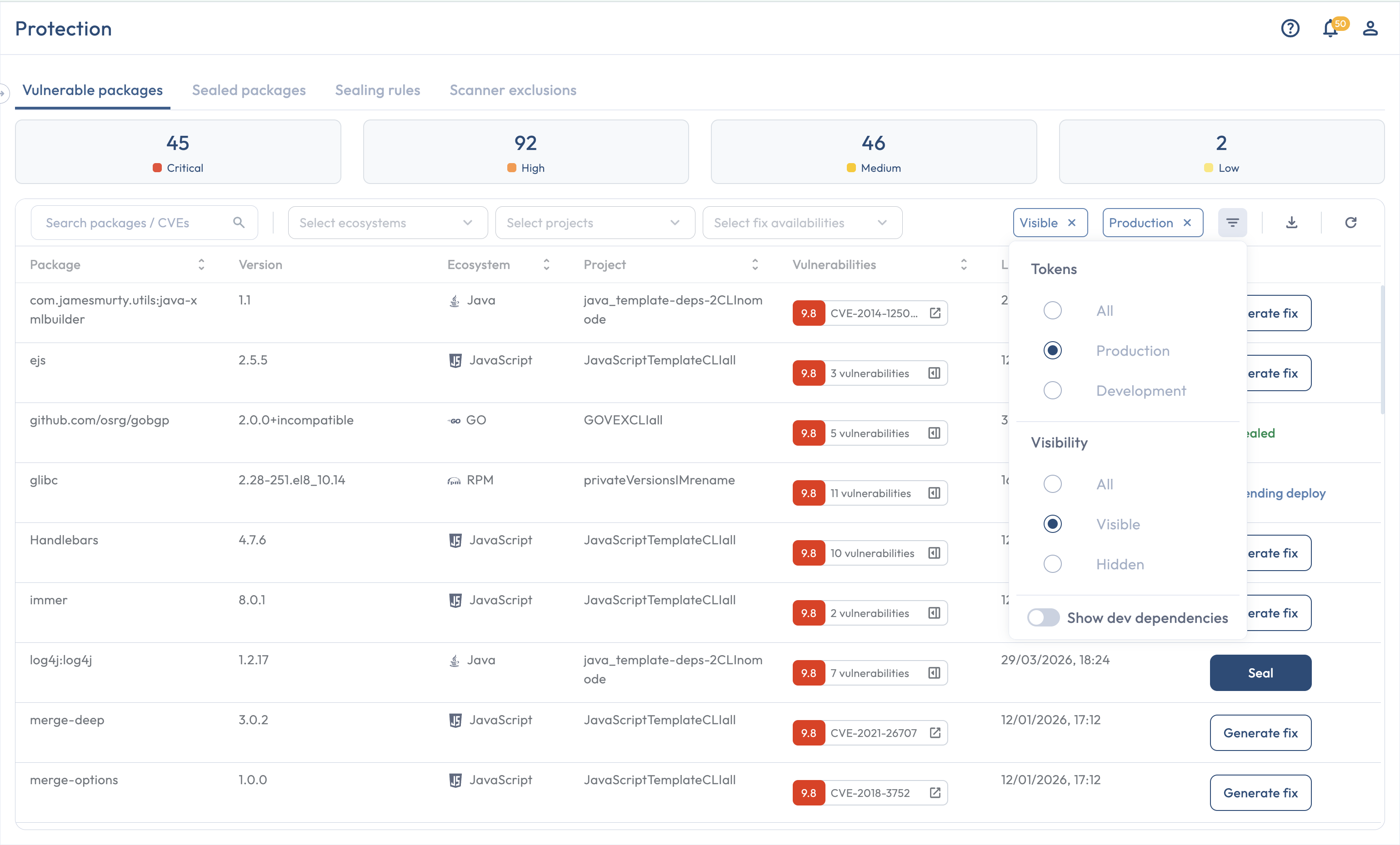 The Protection page on the Vulnerable packages tab