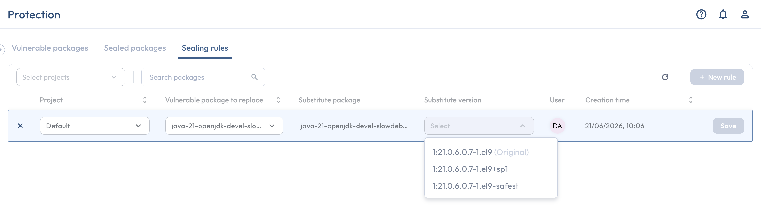 The New rule editable row on the Sealing rules tab with the substitute version dropdown showing the safest, pinned, and origin options