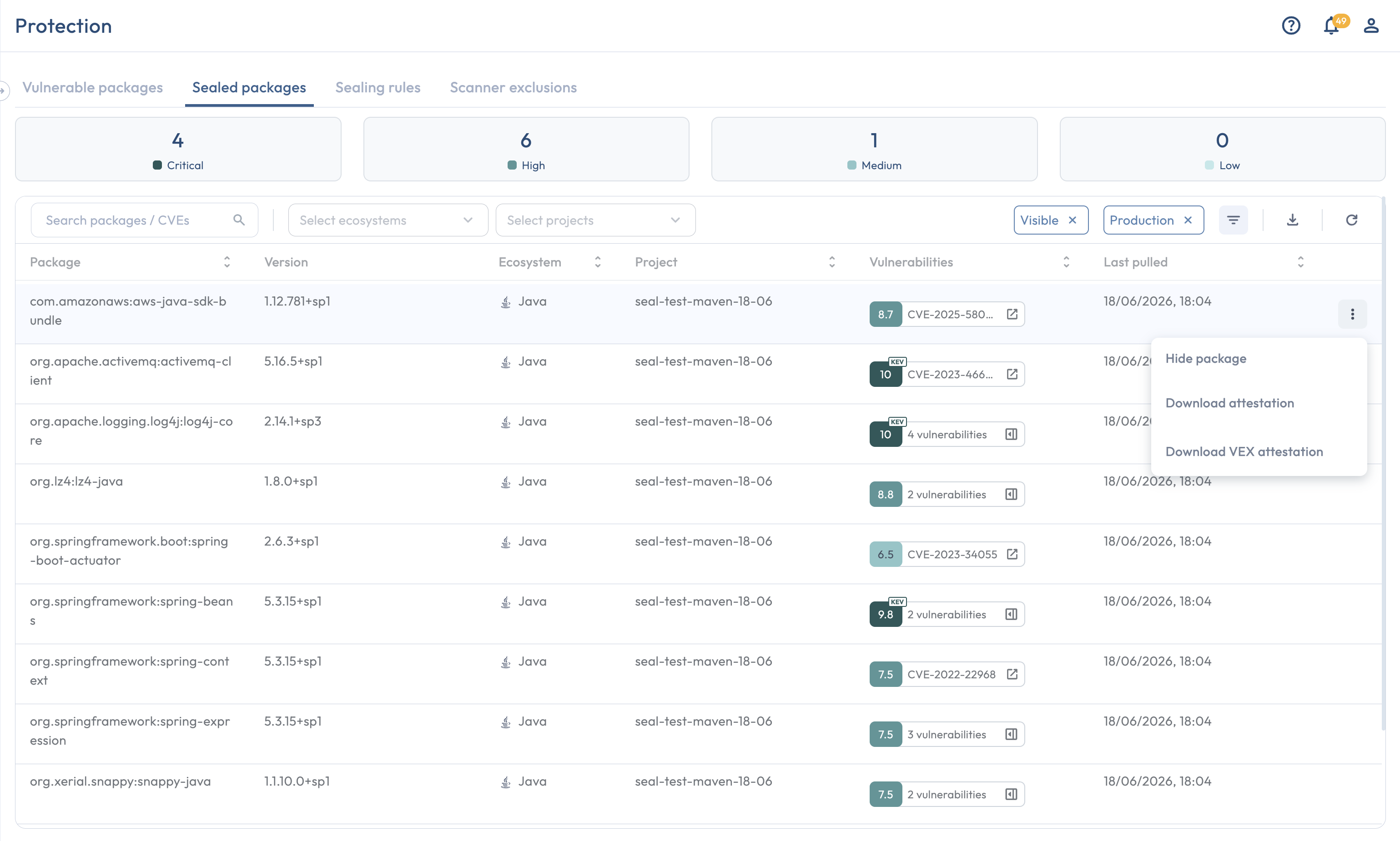 Sealed packages tab row action menu showing the Download VEX attestation item