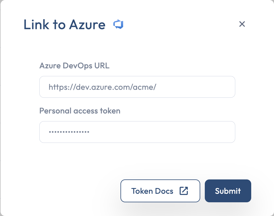 The Connect to Azure DevOps modal LOGIN step with URL and PAT fields
