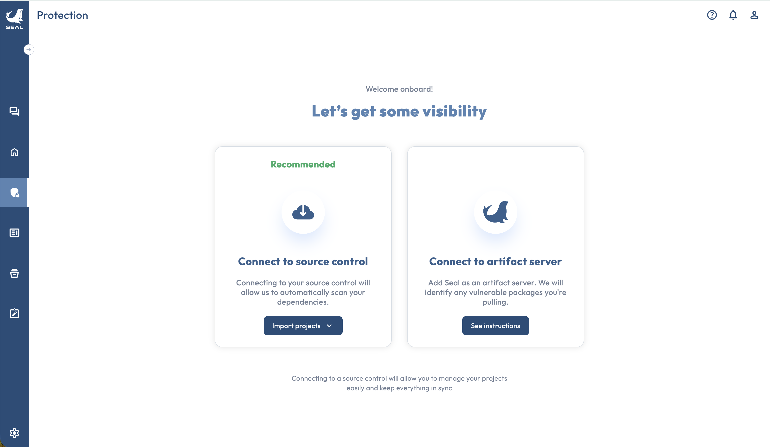 The Protection page in its empty state, showing the Connect to source control and Connect to artifact server Welcome cards