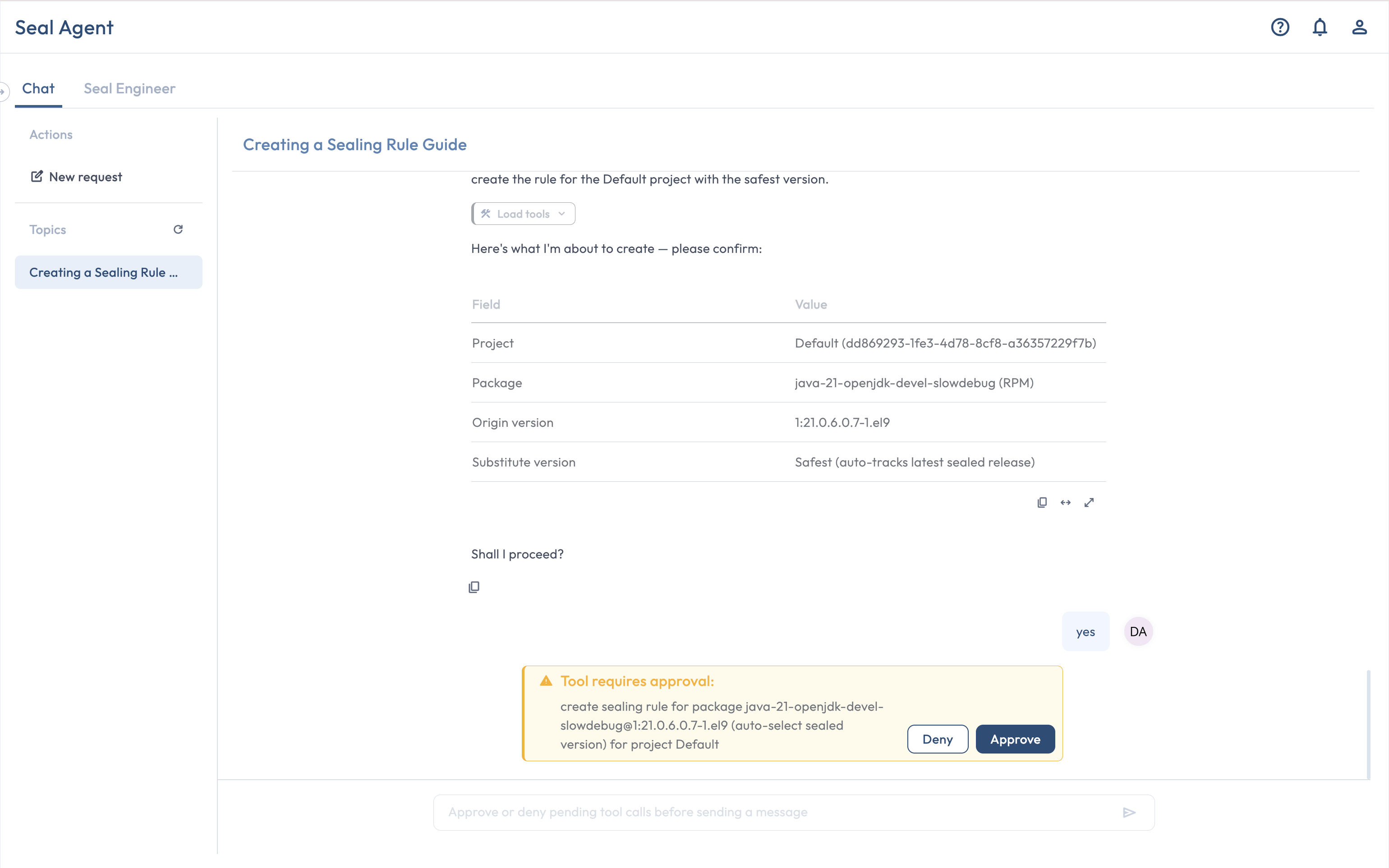 Seal AI Agent chat thread showing a Sealing Rule confirmation card with Approve and Deny buttons
