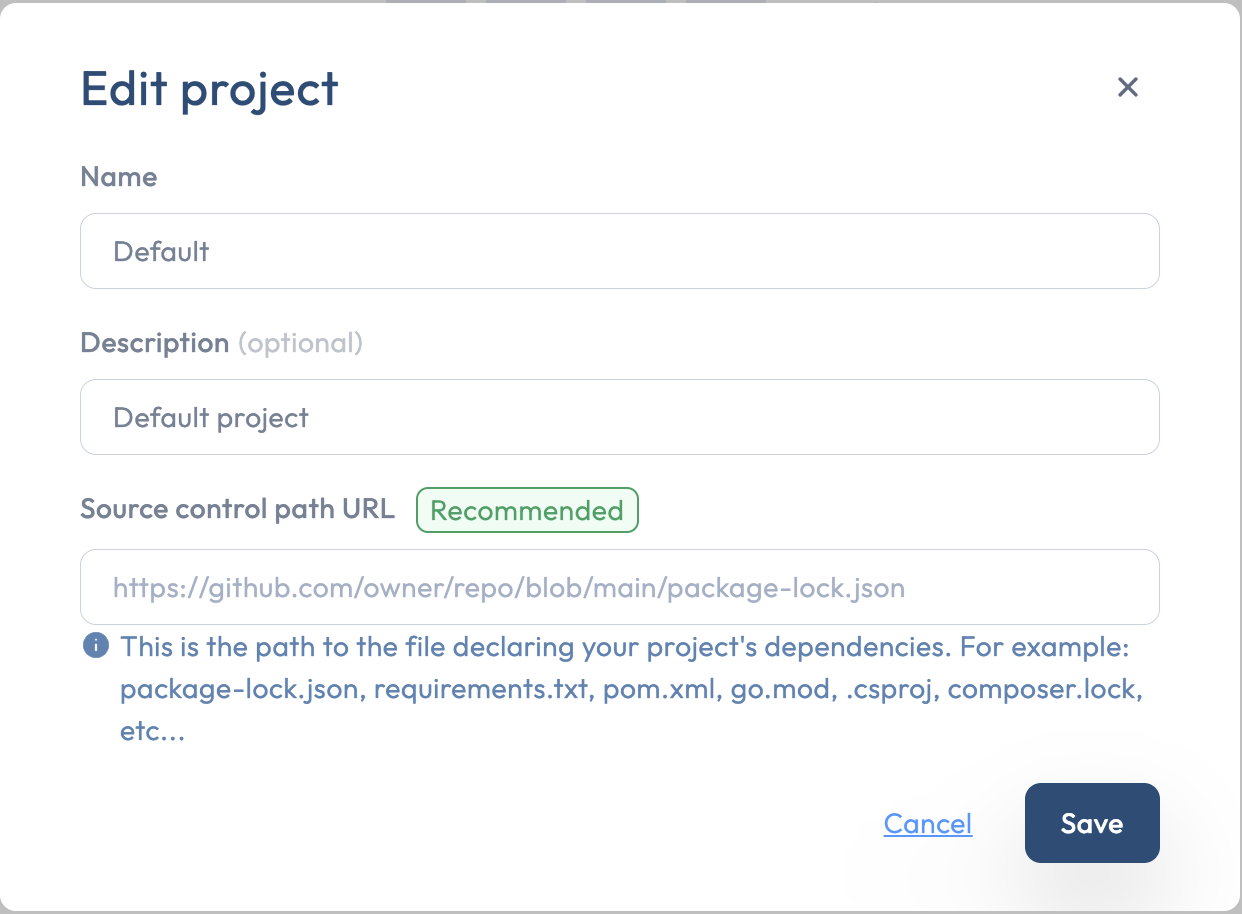 The Edit project modal with Name, Description, and Source control path URL fields