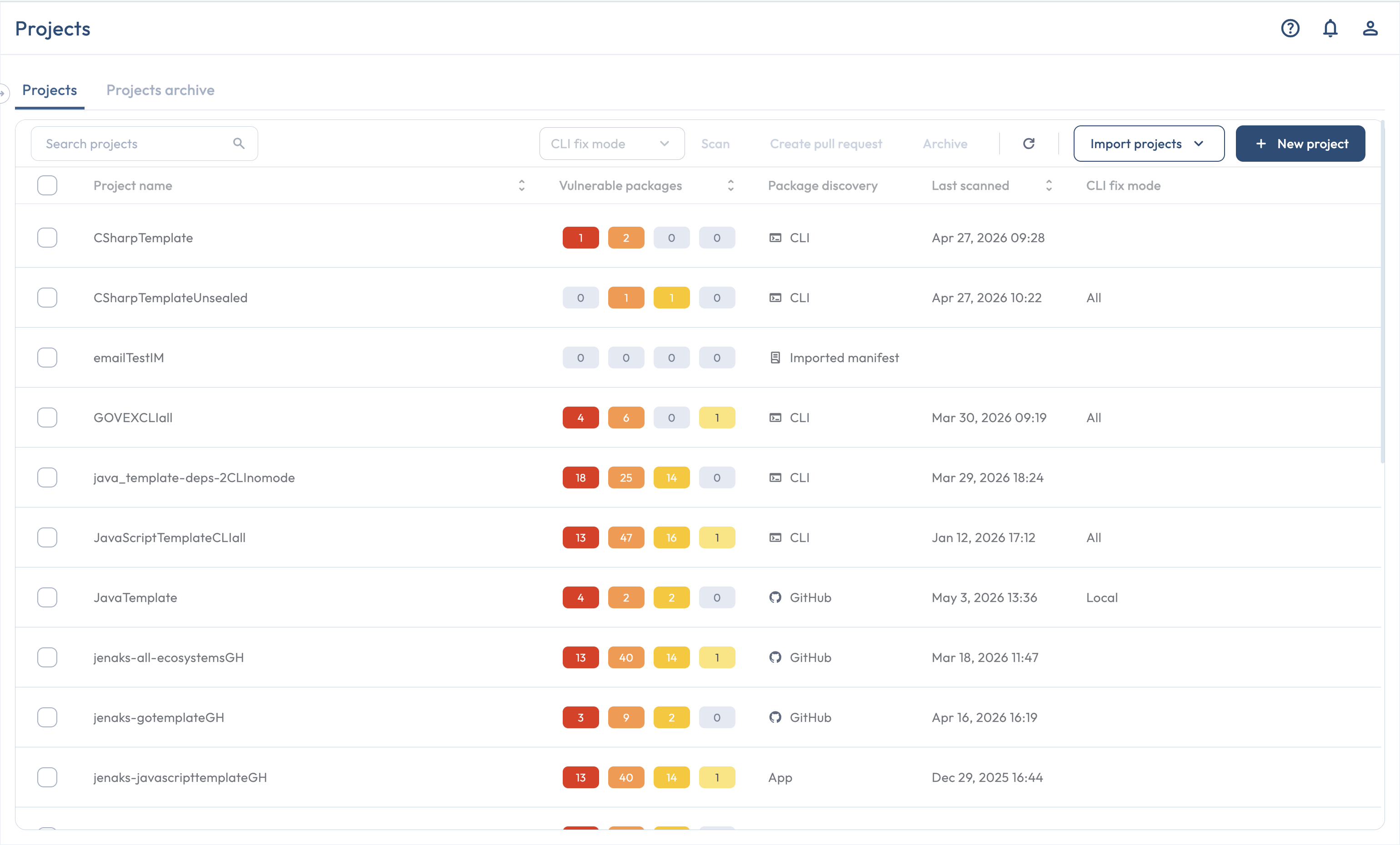 The Projects page showing a table of Seal Projects with edit, archive, and delete controls
