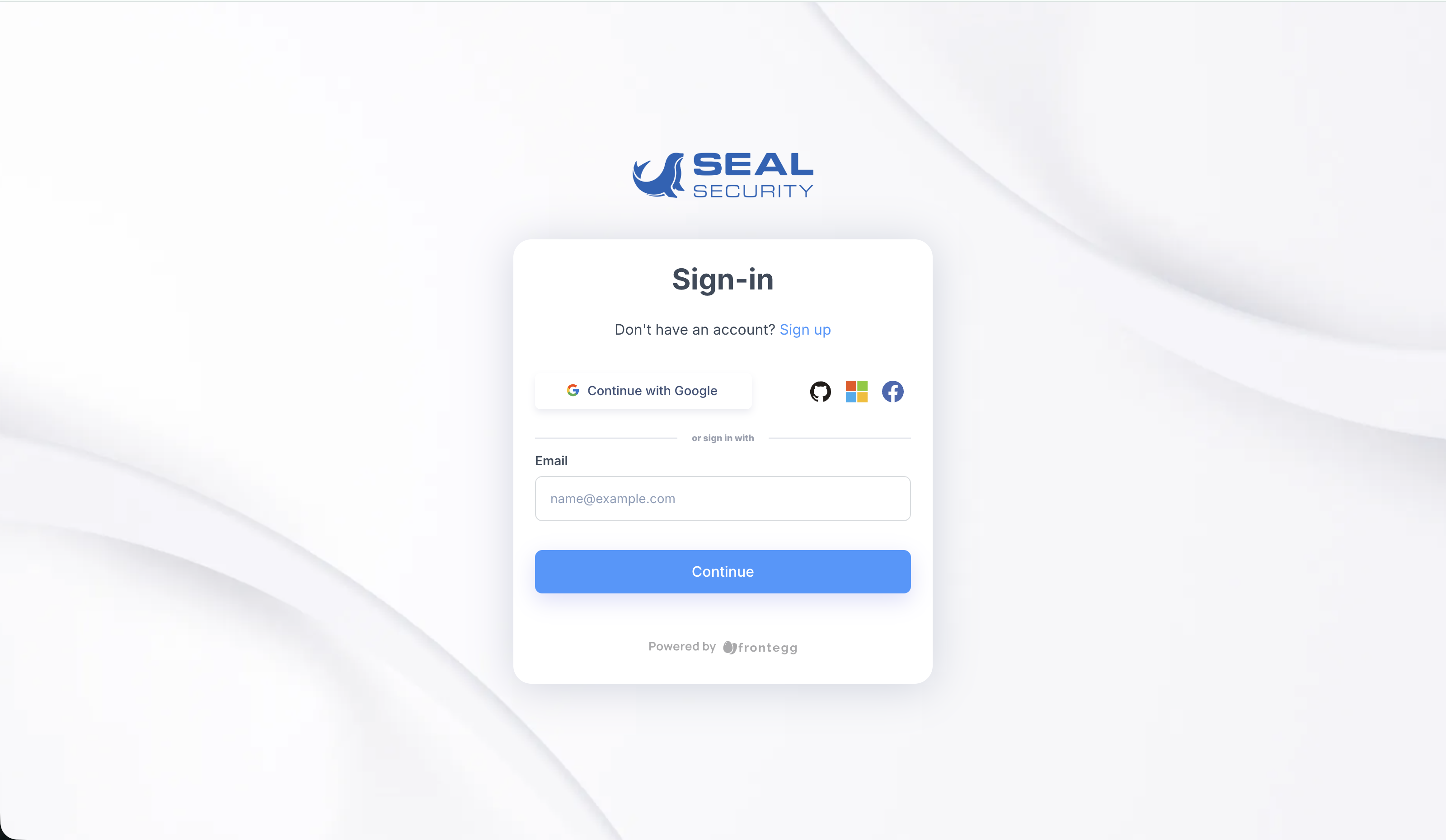 The Seal hosted login page with email/password and four social-login buttons