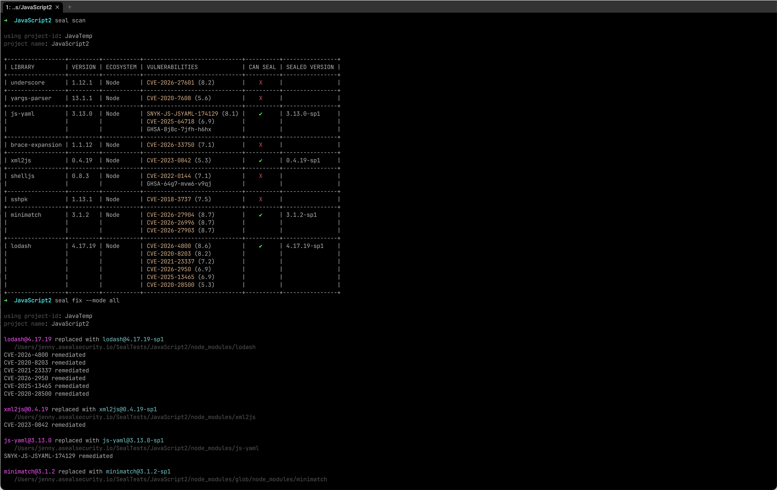 Seal CLI scan and fix output in a terminal