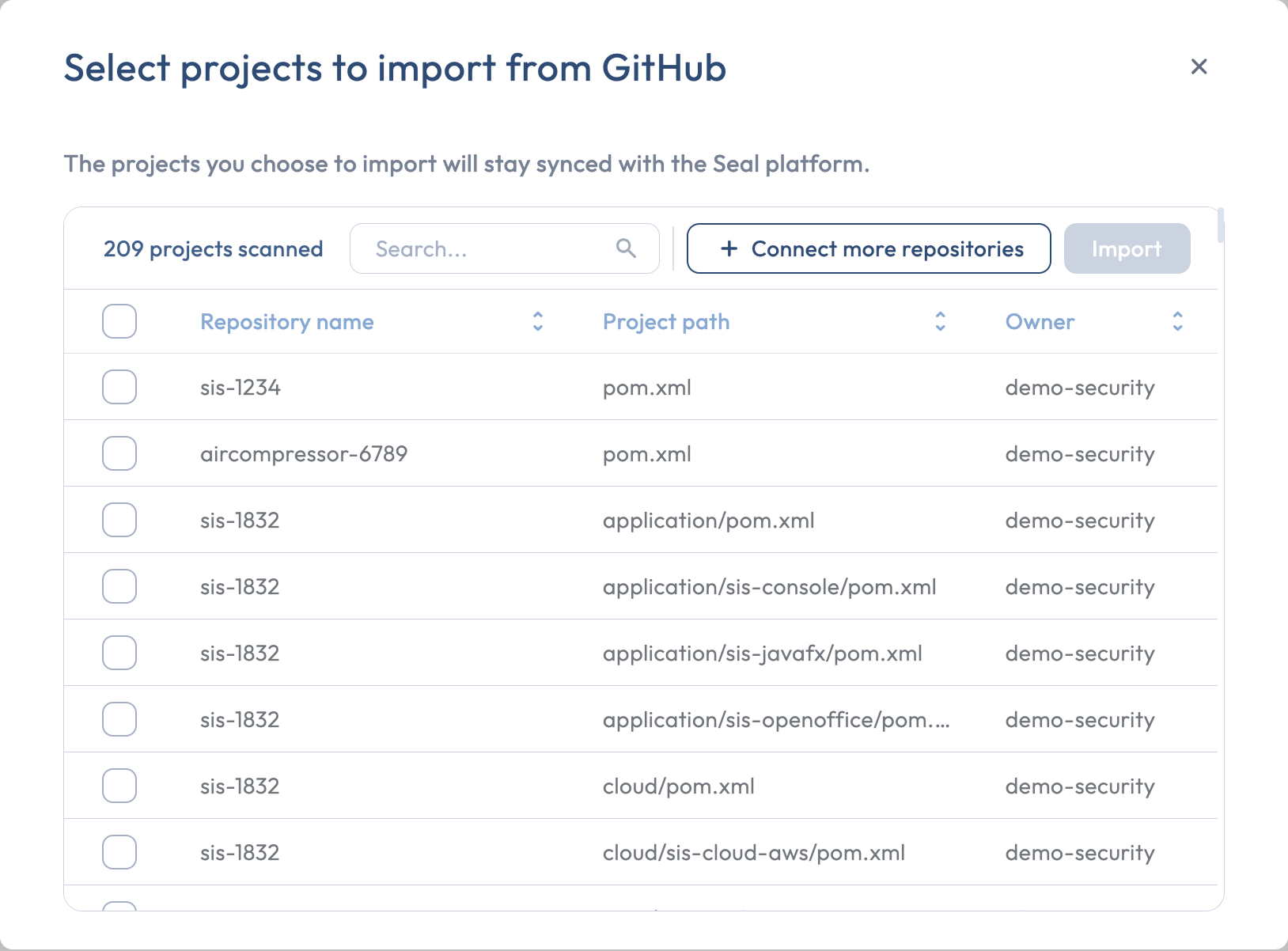 The Select projects to import from GitHub modal with repositories listed and checkboxes